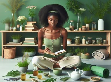 Black woman reading a book on natural health