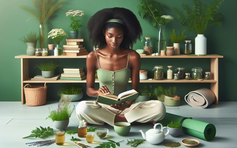 Black woman reading a book on natural health