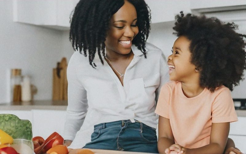 Mother and child talking in the kitchen