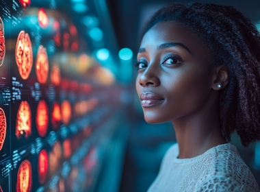 black women technologist looking at an MRI