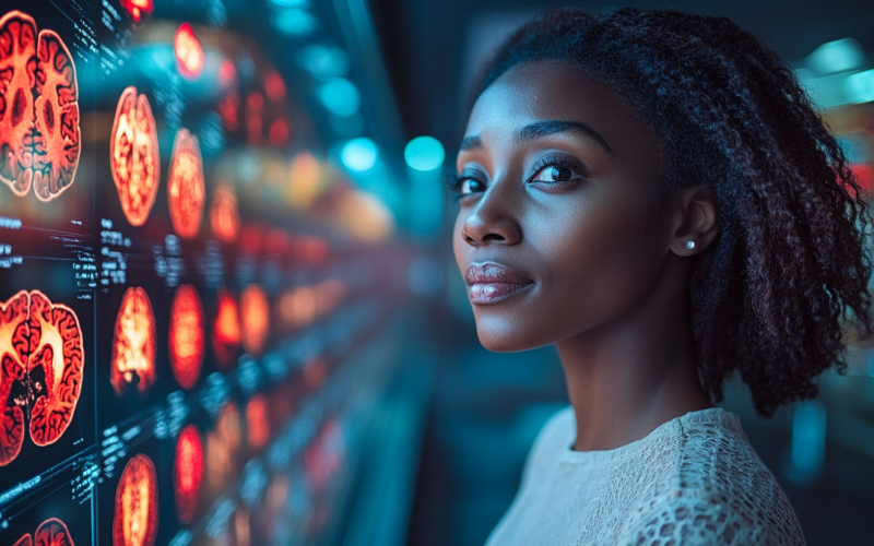 black women technologist looking at an MRI